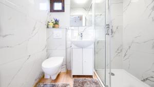 a white bathroom with a toilet and a sink at Zacisze Wrzosowo, Sun & Snow in Wrzosowo +15 photos