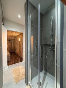 una ducha con puerta de cristal en un baño en Le pic de Pierreuse, en Lieja