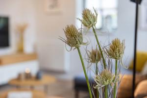 青斯特FeWo Brede Zingst的桌子上花瓶里的一束鲜花