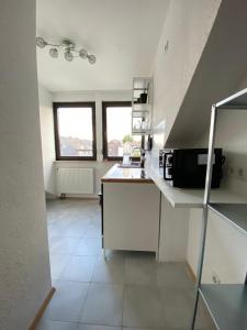una cucina con un lavello e un piano di lavoro di Am Quellberg Apartments Recklinghausen a Recklinghausen