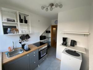 una piccola cucina con un lavello e un bancone di Am Quellberg Apartments Recklinghausen a Recklinghausen