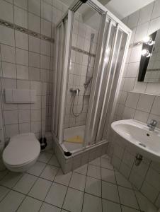 a bathroom with a shower and a toilet and a sink at Landhotel Reith Fulda - Künzell in Fulda +8 photos