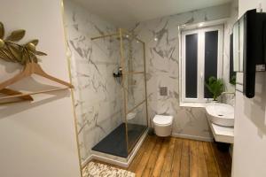 a bathroom with a shower and a toilet and a sink at 19B - Le Bastille a cosy apartment in a great location in Tulle +2 photos