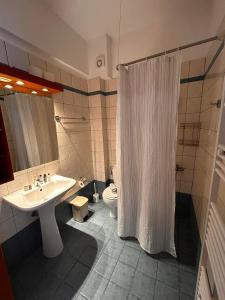 a bathroom with a shower and a sink and a toilet at Finikas Studios & Apartments - Kalamaki Holidays in Kalamaki +66 photos