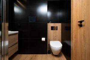 ein Bad mit einem WC und einer schwarzen Wand in der Unterkunft Górna Pleasant Apartment in Rokicie + 14 Fotos