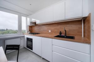 eine Küche mit weißen Schränken und einer Spüle und einem Fenster in der Unterkunft Górna Pleasant Apartment in Rokicie