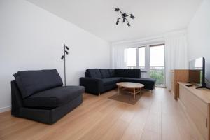 ein Wohnzimmer mit einer schwarzen Couch und einem Tisch in der Unterkunft Górna Pleasant Apartment in Rokicie