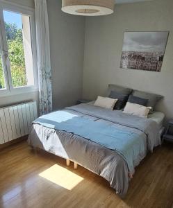 une chambre avec un grand lit avec une couette bleue dans l'établissement Maison Gradina Annecy entre lac et montagne, à Metz-Tessy