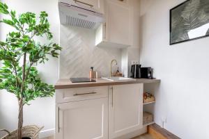 a kitchen with white cabinets and a potted plant at Jacuzzi Sauna privatif - La Cabanette Spa in Saint-Maur-des-Fossés +6 photos