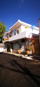 a white house with potted plants on the side of it at Maison de village Mona in Sellía
