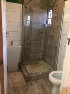 a bathroom with a shower and a toilet at The Legacy in Mochudi