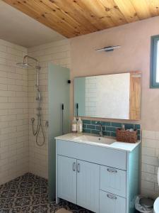 a bathroom with a sink and a shower at היורט על הגג - צוקים in Zuqim