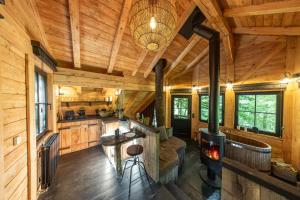a large kitchen with a stove in a log cabin at Les cabanes des Dolimarts in Bohan