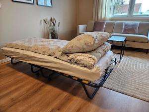 a bed with pillows on it in a living room at 1 bedroom apt with parking in Kvaløya +8 photos