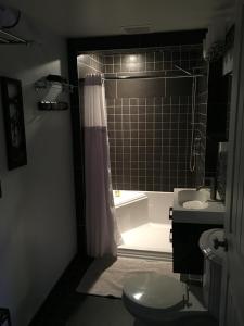 un bagno con doccia, WC e lavandino di The White Brick Inn a Jasper