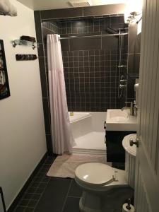 a bathroom with a toilet and a sink and a shower at The White Brick Inn in Jasper