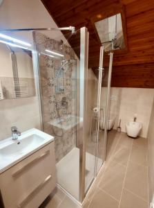 een badkamer met douche, wastafel en toilet bij CASTAGNETO 8 in Rapallo +3 foto's