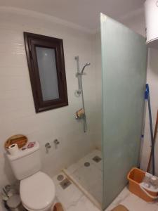 La salle de bains est pourvue de toilettes et d'une douche avec un miroir. dans l'établissement Turtles Beach resort hourghada Studio view sea view pool private beach jacuzzi pools air-conditioned restaurant on the beach jacuzzi security and a large sunny balcony, à Hurghada 33 autres photos