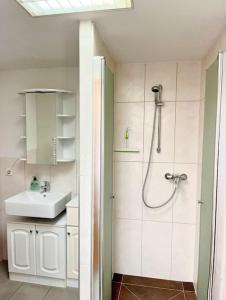 un baño con ducha y lavabo en Turmhof Jüterbog, en Jüterbog