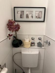 baño con aseo y jarrón con flores en Ruhige Stadtperle mit Garten, en Wiesbaden 49 fotos más