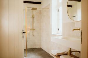 ein Badezimmer mit Dusche, Waschbecken und Spiegel in der Unterkunft Landgoed Frymerson in Sint Odiliënberg