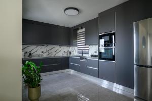 a kitchen with black cabinets and stainless steel appliances at Reina del Cielo Luxury Villa in Pýrgos