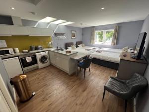 a large room with a bed and a kitchen with a sink at Fort William Studios in Fort William