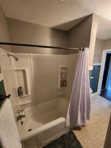 a bathroom with a bath tub with a shower curtain at Family Cove Beach House in Ortonville