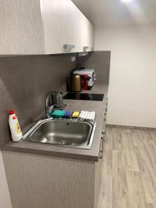 a kitchen counter with a sink in a kitchen at Apartmán Stratos in Ostružná