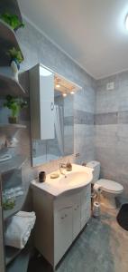 a bathroom with a sink and a toilet and a mirror at Apartament Relaxa Green 3 - 2 Rooms - AC - Parking in Târgu-Mureş +14 photos
