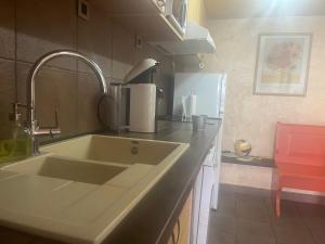 a kitchen with a sink and a refrigerator at Dunavska Kuća in Smederevo
