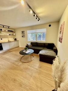 a living room with a couch and a table at Aurora Stay- Aurora garden Apartment in Tromsø