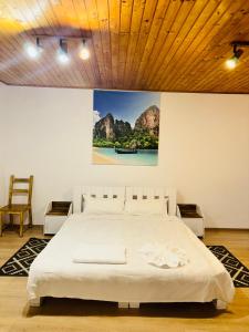 a bedroom with a white bed with a painting on the wall at Schei Braşov-Скей Брашов in Braşov