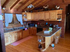 eine Küche mit Holzschränken und eine Insel in einer Hütte in der Unterkunft Chalé do Pinheiro in Cortes
