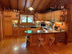 eine große Küche mit Holzschränken und einer großen Insel in der Unterkunft Chalé do Pinheiro in Cortes