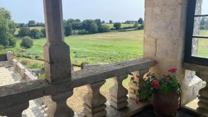 a balcony with a view of a green field at Suite de charme au château de Cibioux in Surin