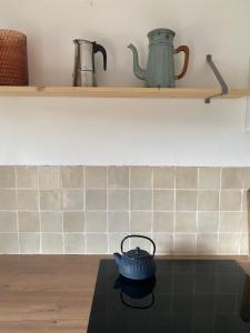 a blue tea kettle on a stove in a kitchen at Cottage en vignoble in Leynes