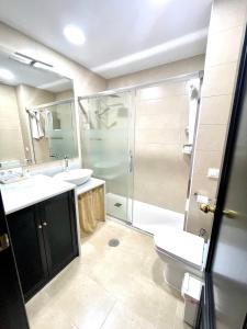 a bathroom with a shower and a sink and a toilet at Piropos de Doñana in El Rocío