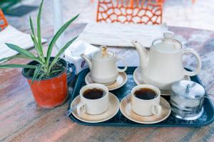 a tray with three cups of coffee on a table at City Guest House in Bhaktapur