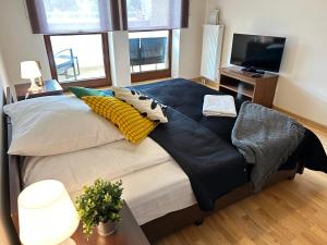 Un dormitorio con una cama grande con almohadas y un televisor. en Old Town Apartments - free parking Przemysłowa str, en Cracovia