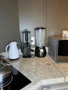 a kitchen counter with a blender and a microwave at LK Santo Agostinho 2 in Belo Horizonte