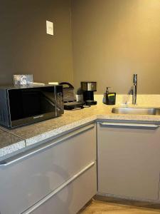 a kitchen counter with a microwave and a sink at LK Santo Agostinho 2 in Belo Horizonte