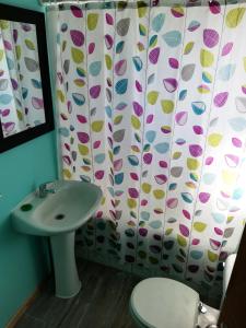 une salle de bain avec un lavabo et un rideau de douche dans l'établissement Casa Colores, à Puerto Montt