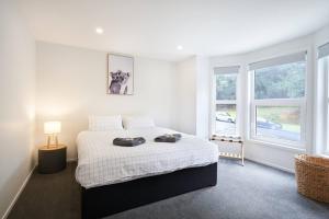 a white bedroom with a bed and two windows at Modern Central Apartment, Flexible Bed Options in Dunedin