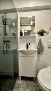 ein weißes Badezimmer mit Waschbecken und Toilette in der Unterkunft Apartman Moonlite in Čakovec + 39 Fotos
