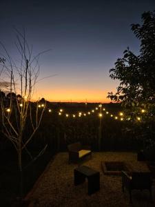 un jardín con luces en una valla por la noche en Chácara Pôr do Sol, en Campo Alegre