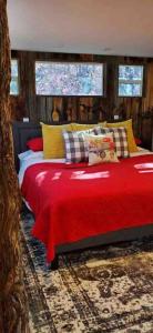 グレンデールにあるThe Hideaway Concealed Cabin East Zion & Bryceのベッドルーム1室(赤い毛布付きのベッド1台付) +30枚の写真