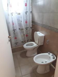 ウシュアイアにあるSpiritのトイレとシャワーカーテン付きのバスルーム
