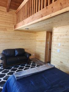 a living room with a couch in a wooden room at The Rocky Mountain Cabin in Apple Valley