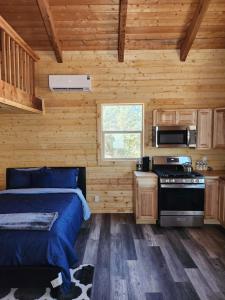 a bedroom with a bed and a stove in a cabin at The Rocky Mountain Cabin in Apple Valley +13 photos